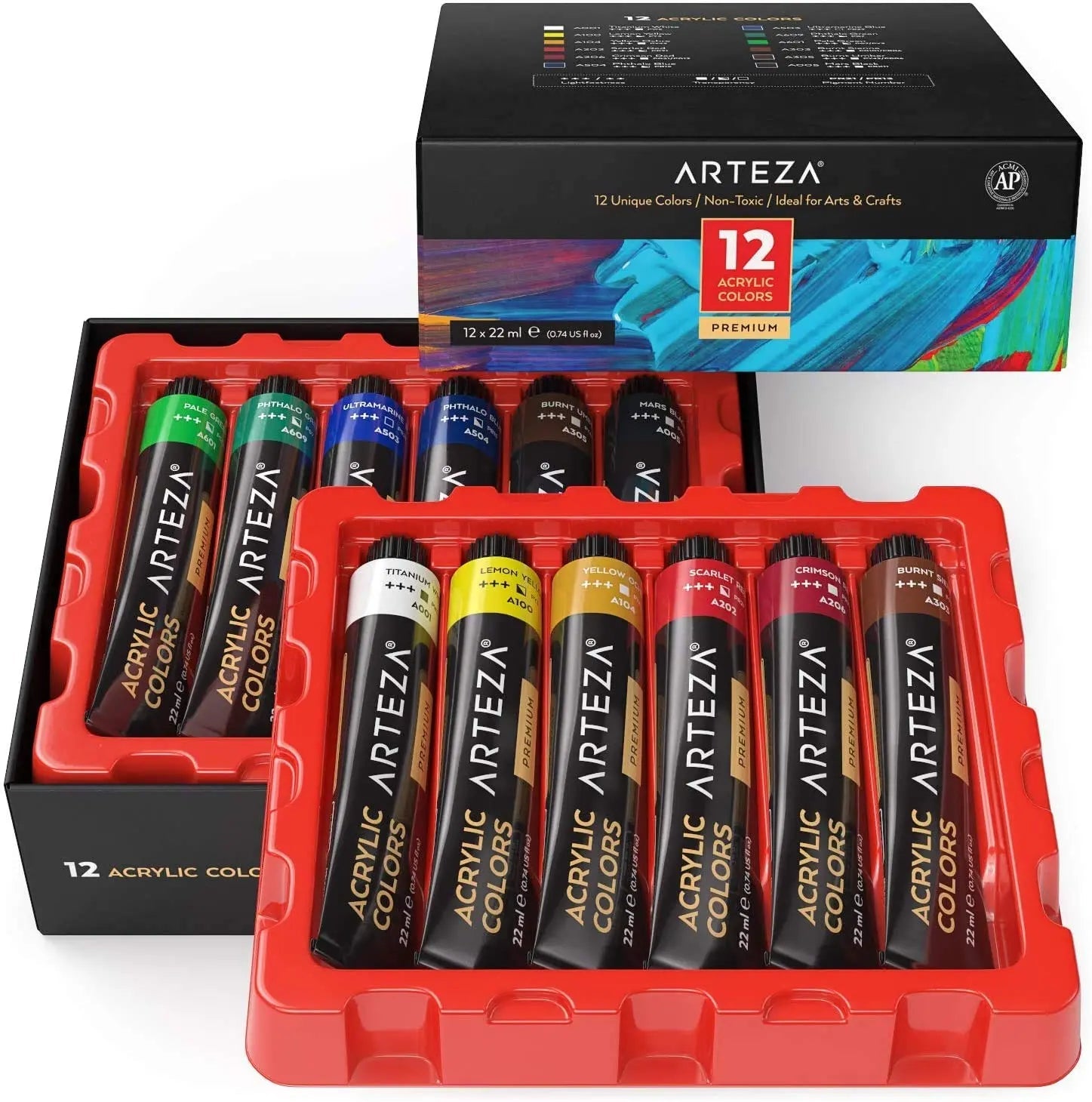 Arteza Premium Acrylic Paint Assorted Colours Set with Storage Box